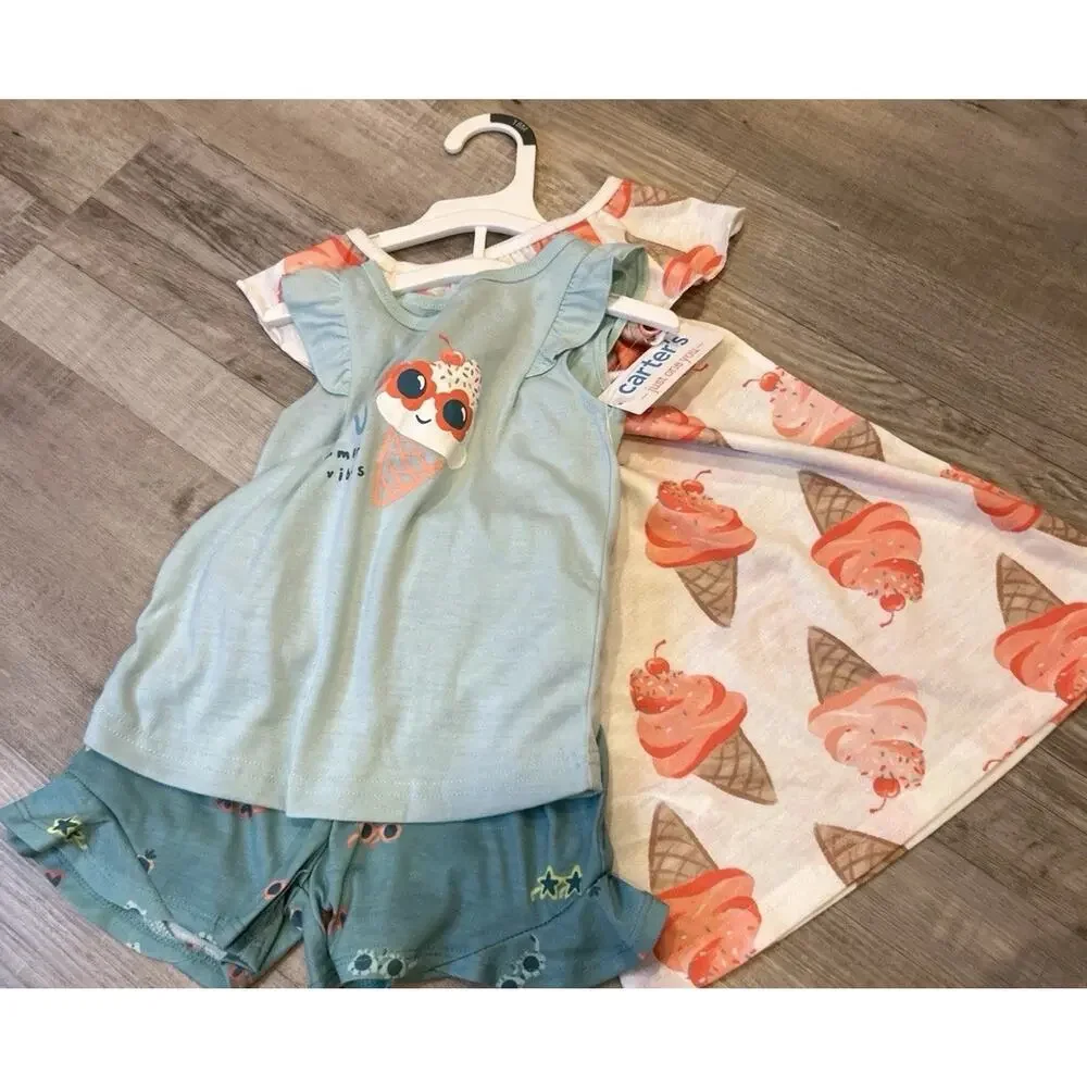 Carter’s 3pc Pajama Bundle Girls 18M Ice Cream Summer Vibes Shorts Set EUC